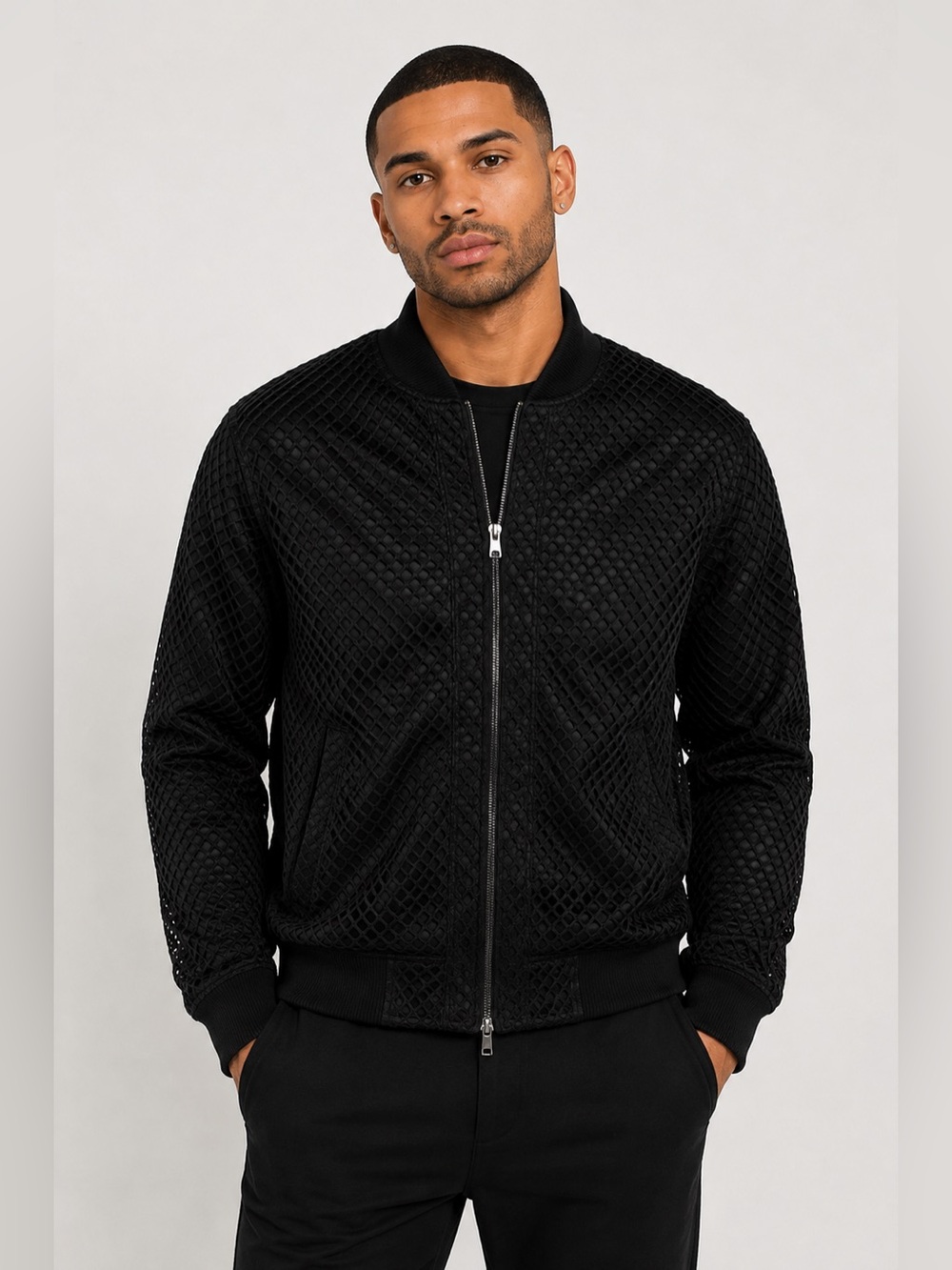 Publish Millo Men’s Small Black Mesh Layered Satin Twill Bomber Jacket
